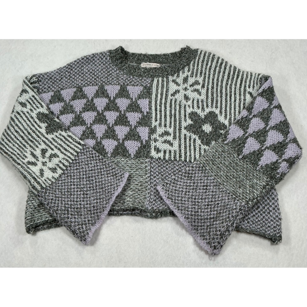 Sincerely Jules Mixed Patchwork Knit Cropped Sweater Lavender‎ Grey Womens XS